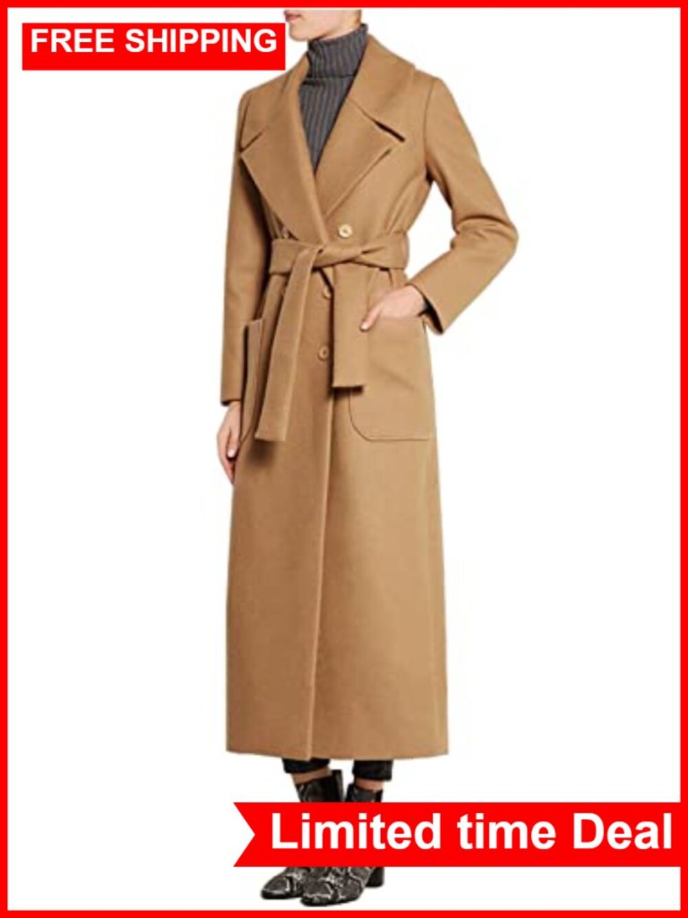 Wool Blend Double Breasted Overcoat with Tie Belt